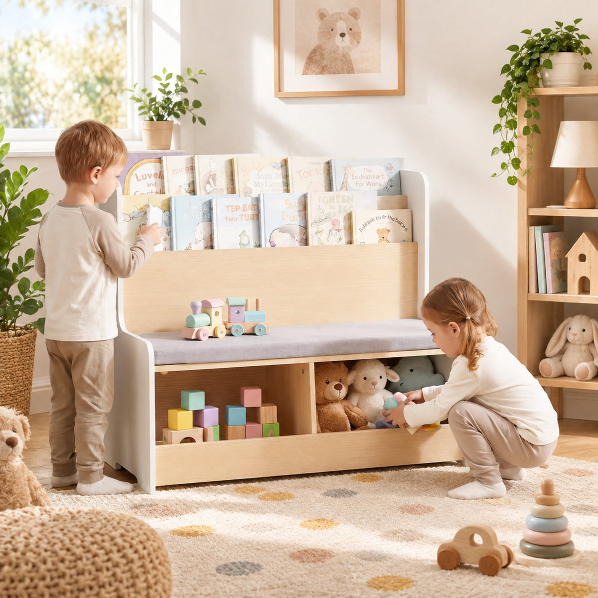 Airfind Kids Reading Nook with Bench Bookshelf and 2 Cubbies, 132 lbs Capacity, MDF Fabric Sponge Frame, White