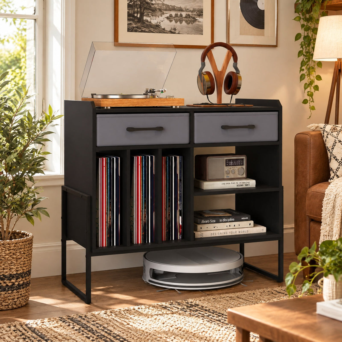 Airfind Large Record Player Stand with Charging Station Mid Century Modern Vinyl Storage Cabinet, 209 lbs Capacity, 30in x 14in x 27in Inside Footprint