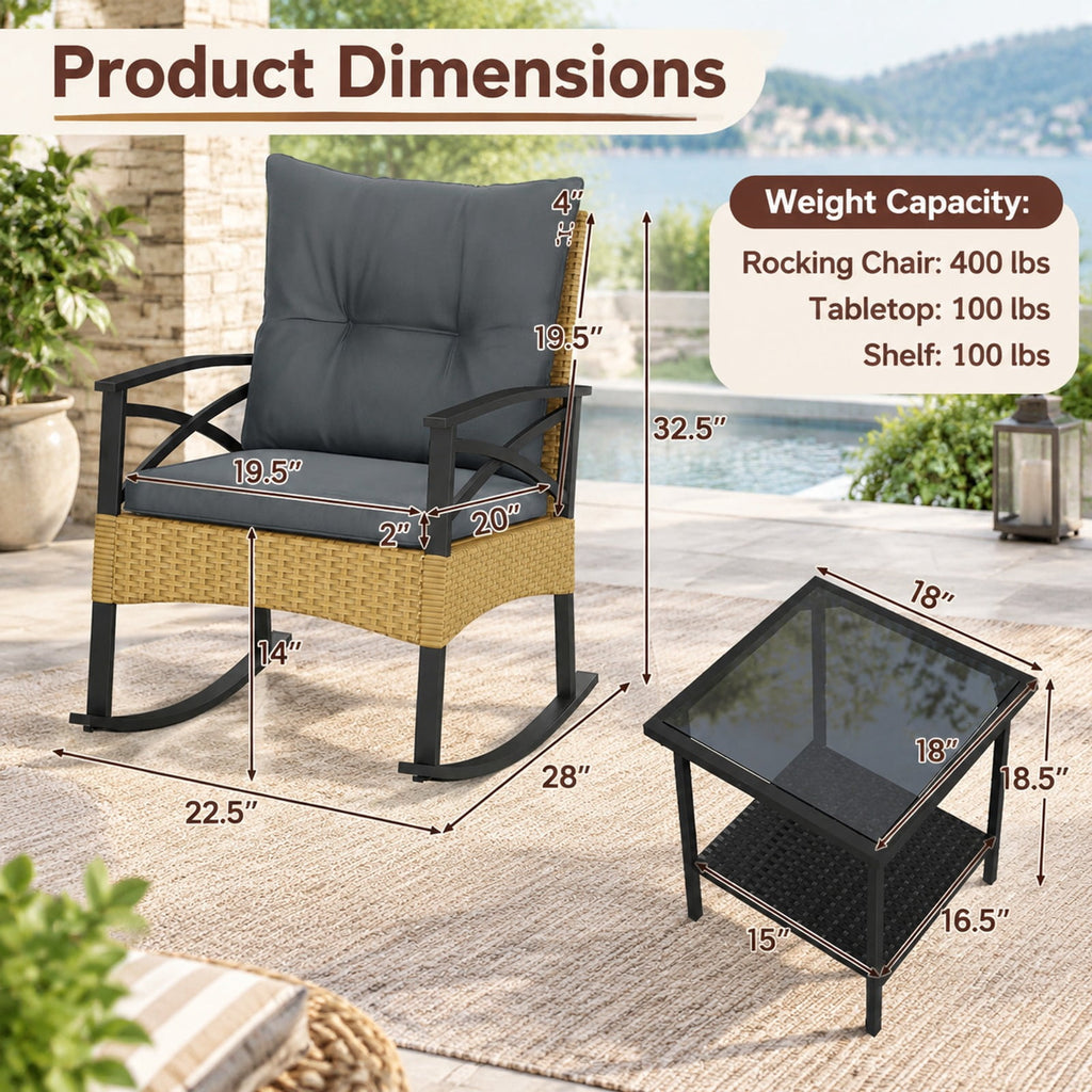 Airfind 3 Pieces Outdoor Rattan Rocking Chairs Set with 2-Tier Side Table for Garden Backyard, Table 100 lbs Capacity, 18 x 18 x 18.5 Footprint