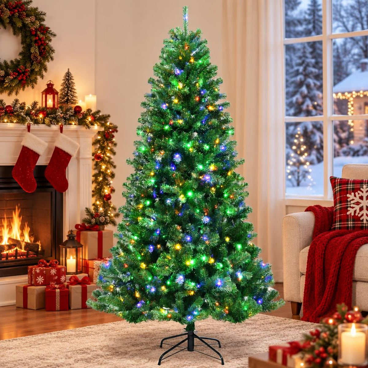 Airfind Artificial Hinged Christmas Tree with Remote-controlled Color-changing LED Lights-7ft, New PVC metal 6 Ft: Frame, 6ft x 3.1ft Footprint, Green