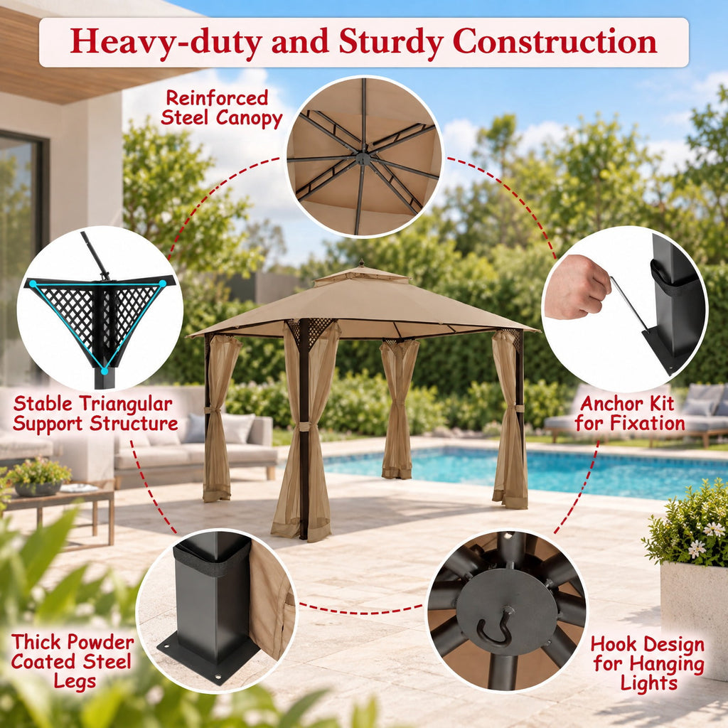 Airfind 12 x 10 Feet Outdoor Double Top Patio Gazebo with Netting, Polyester steel Frame, 12 x 10 x 9.5 Footprint, Brown