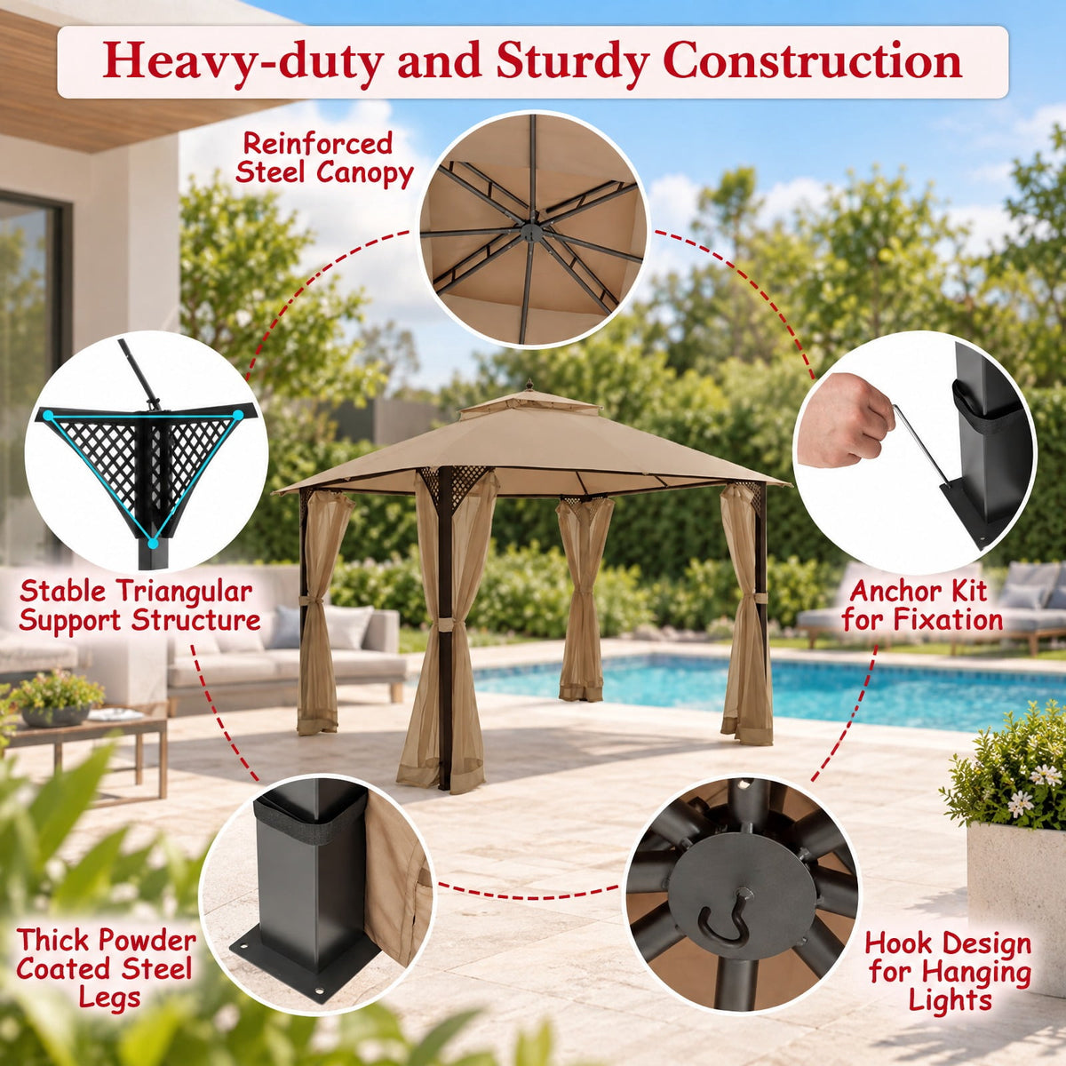 Airfind 12 x 10 Feet Outdoor Double Top Patio Gazebo with Netting, Polyester steel Frame, 12 x 10 x 9.5 Footprint, Brown