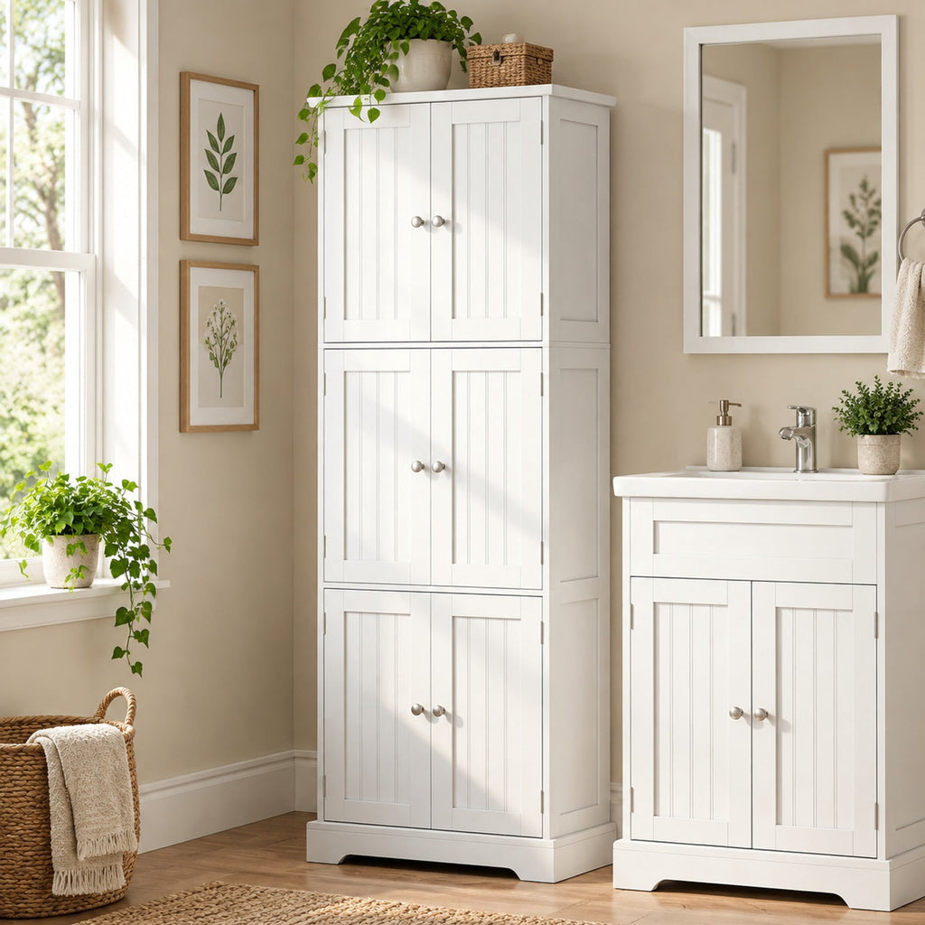 Airfind 63 Inch Tall Bathroom Storage Cabinet with 6 Doors and Adjustable Shelves, 44 lbs Capacity, Engineered Wood Frame, White