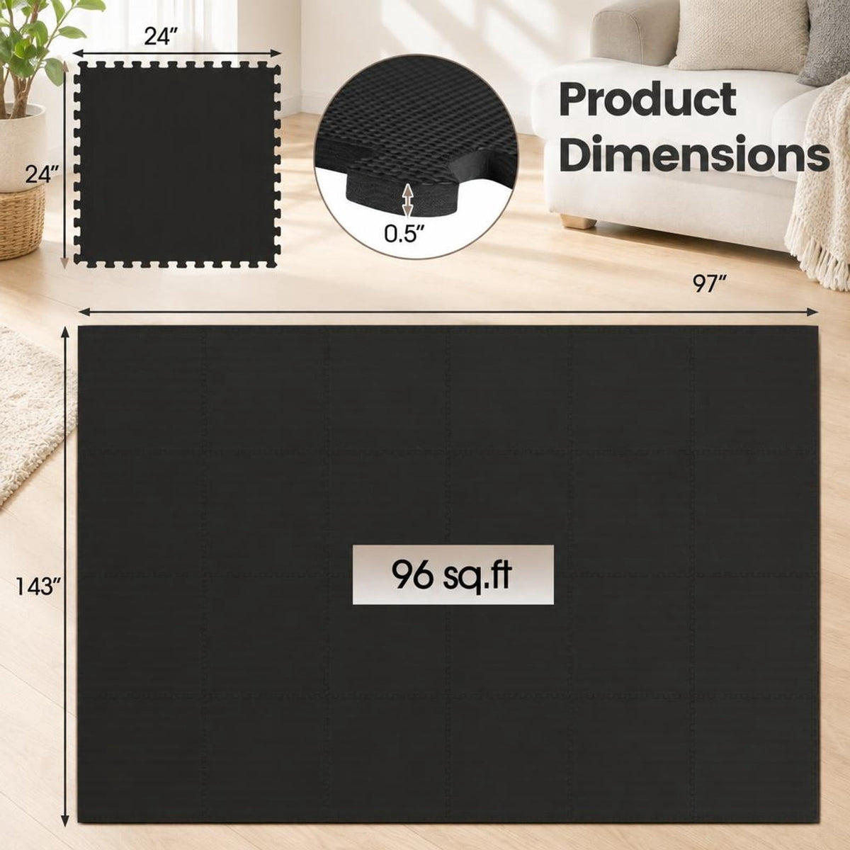 Airfind 24 Pack Non-Slip Protective Interlocking EVA Foam Floor Tiles, EVA Foam Frame, 143 x 97 x 0.5 Footprint, Black