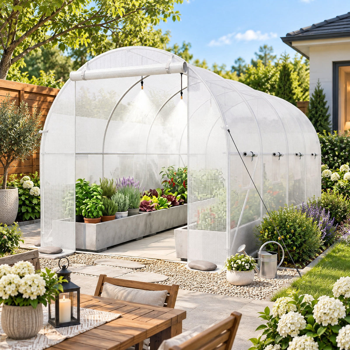 Airfind 15 x 7 x 7 ft Walk-in Tunnel Greenhouse with Watering System, Galvanized Steel Frame, 15 x 7 x 7 ft Footprint, White
