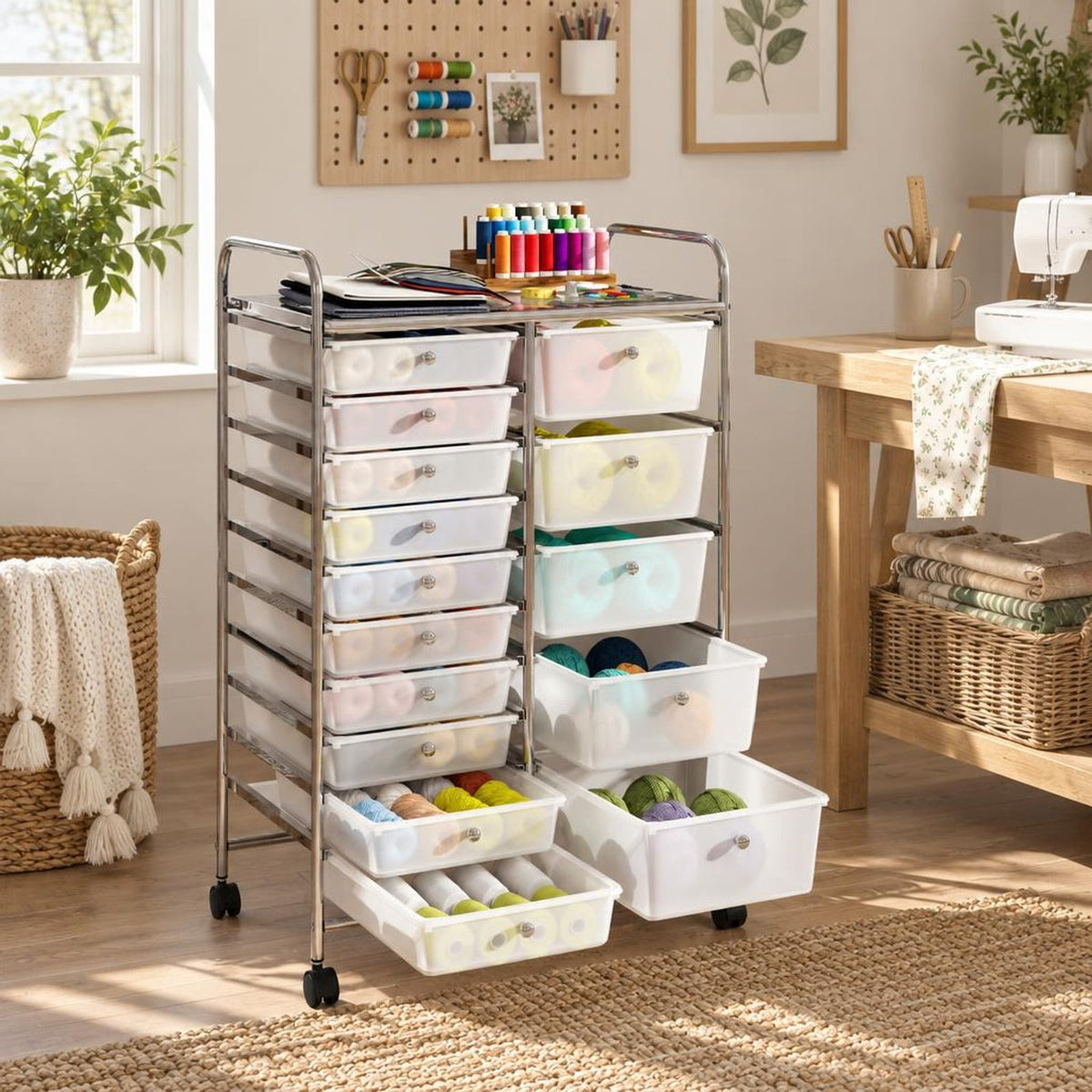 Airfind Rolling Storage Cart 15-Drawer Trolley with Chrome Plated Metal Frame, 22 lbs Capacity, Metal PP Frame, 24.5 × 15 × 38 Footprint