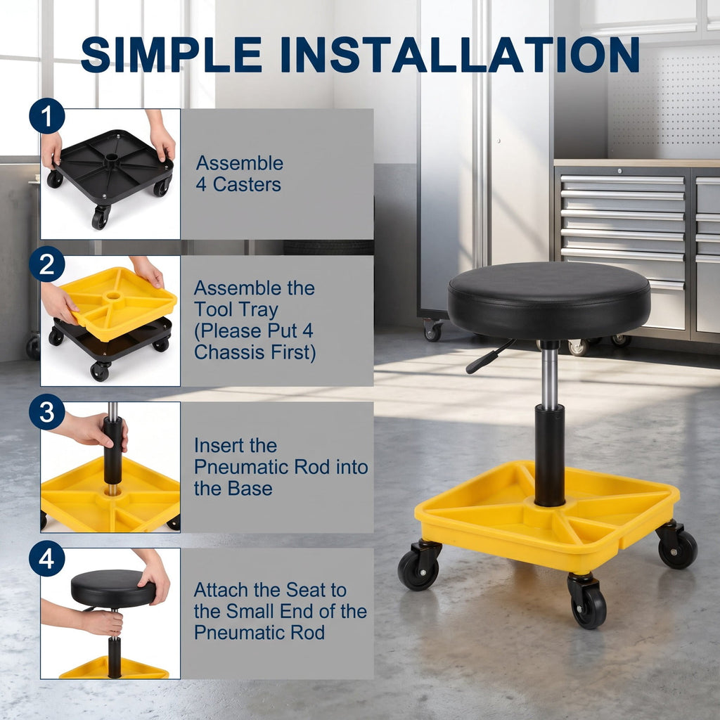 Airfind 330 LBS Capacity Pneumatic Rolling Mechanic Stool with Padded Seat, 20 x 20 x 16 inch Footprint, Yellow