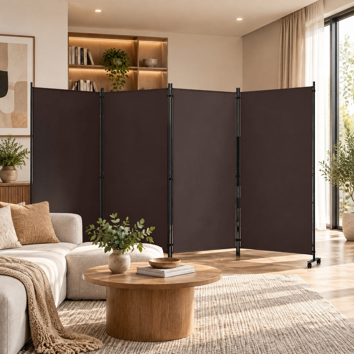 Airfind 4 Panel Folding Privacy Screen Room Divider with Wheels, Polyester Fabric Metal PP Frame, 137 x 12 x 71.5 Footprint, Brown