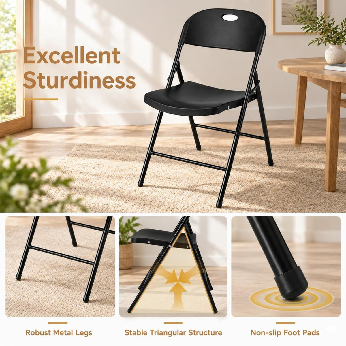 Airfind Set of 6 Foldable Plastic Chairs with Ergonomic Backrest, 330 lbs Capacity, PP Metal Frame, 20.5 Inch x 13.5 Inch x 30.5 Inch Footprint, Black