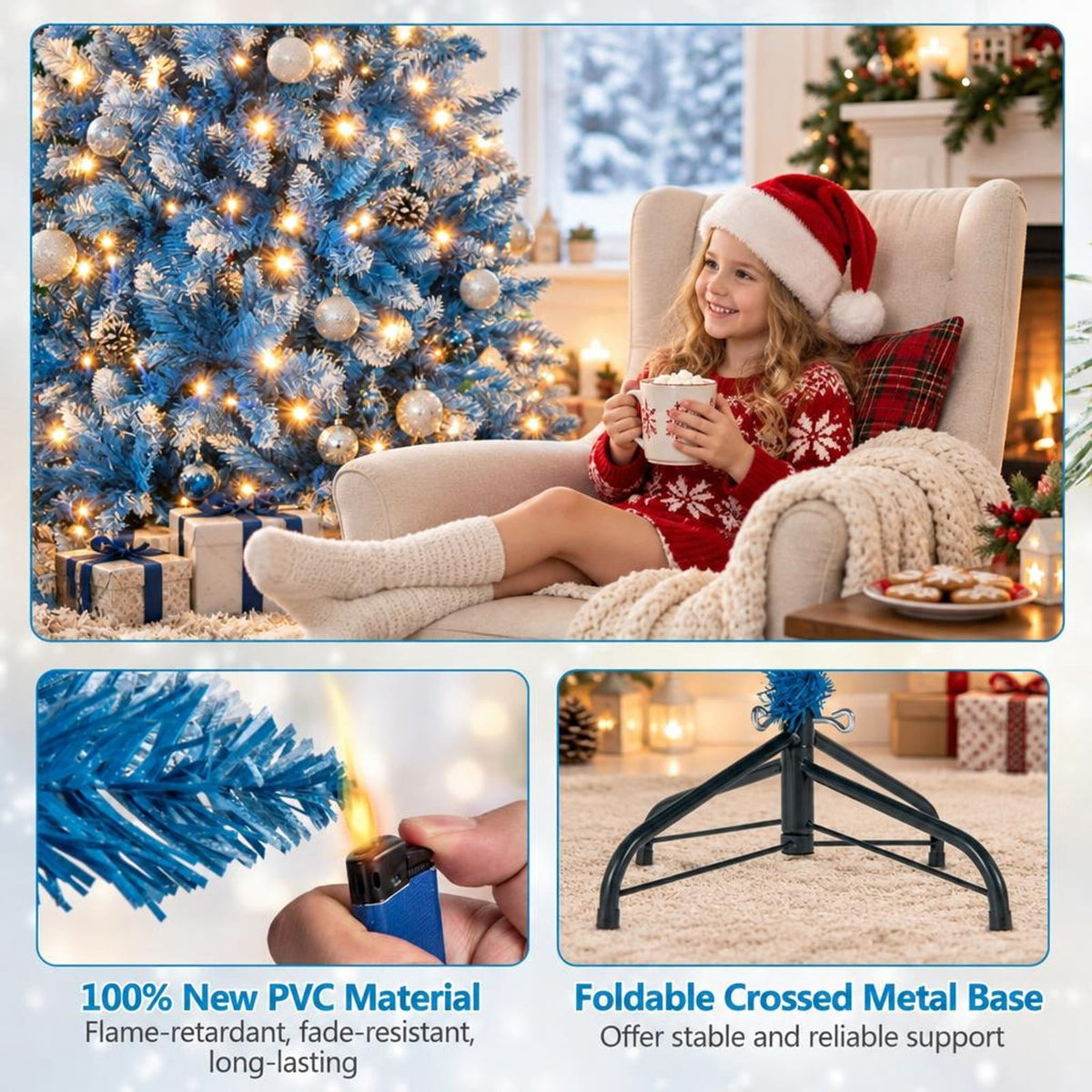 Airfind 6/7/8/9 FT Artificial Christmas Tree with 767 Snowy Branch Tips-6 FT, PVC Metal Frame, 3.1 x 6 ft Footprint, Blue