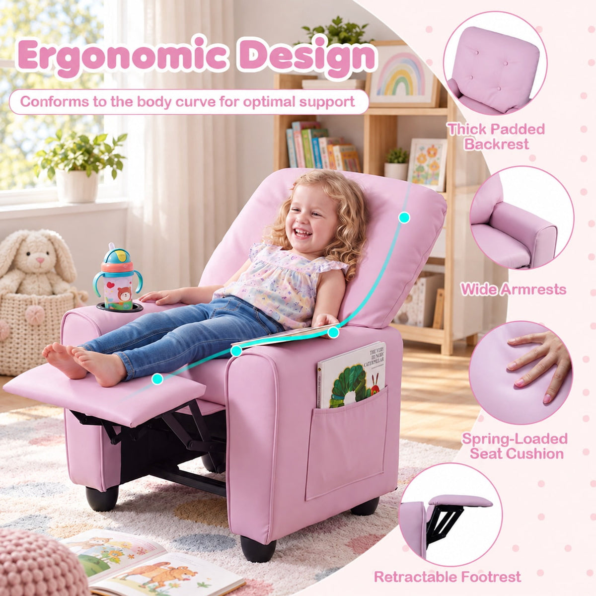 Airfind Youth Recliner Chair with Cup Holder, Side Pocket and Push-back Footrest, PU Upholstery, 24 x 21 x 30 in for Everyday Use, Pink