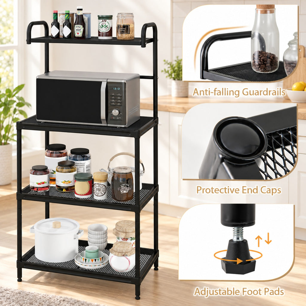Airfind 4-Tier Kitchen Microwave Storage Rack with Metal Shelves, 55 lbs Capacity, Iron Frame, 23.5 x 13.5 x 53.5 Footprint, Black