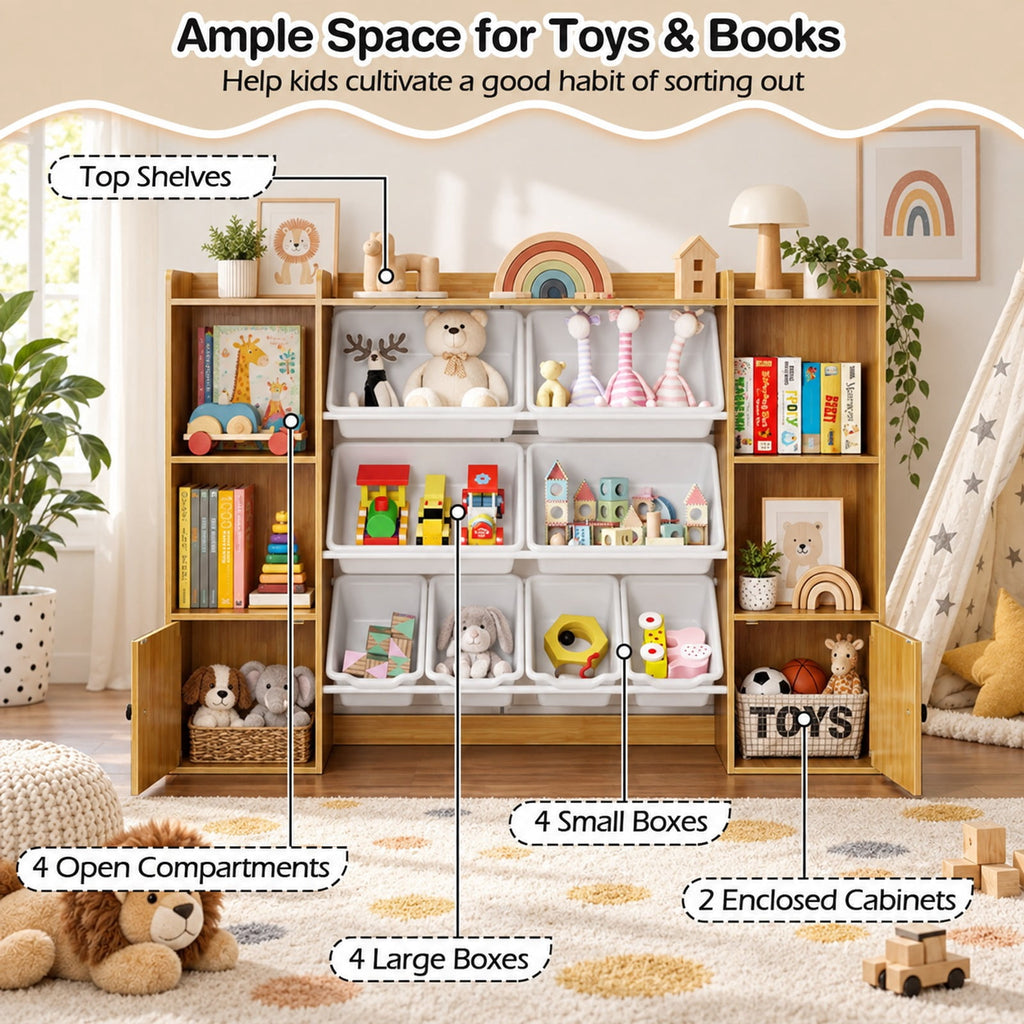 Airfind Kids Toy Storage and Bookshelf with Boxes and Open Shelves, 385 lbs Capacity, Engineered Wood Frame, for 3+ Years Old Total, Beige