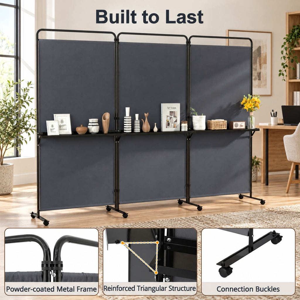 Airfind 3-Panel Room Divider with Shelves 6 FT Tall Folding Privacy Screen with Lockable Wheels, Polyester Fabric Metal Frame, Grey