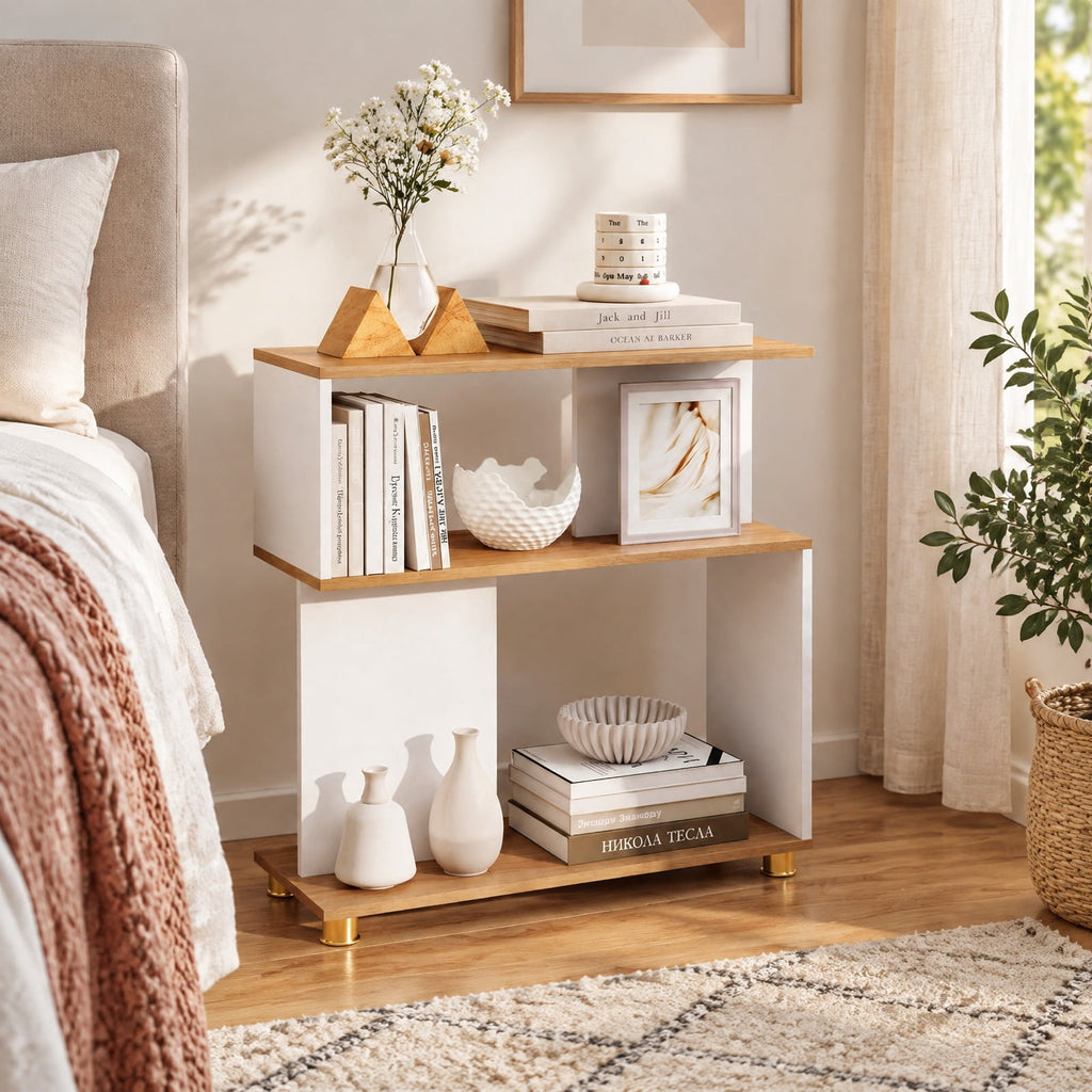 Airfind 3-Tier Modern S-shaped Bookshelf with Adjustable Feet, 135 lbs Capacity, Engineered Wood Frame, White