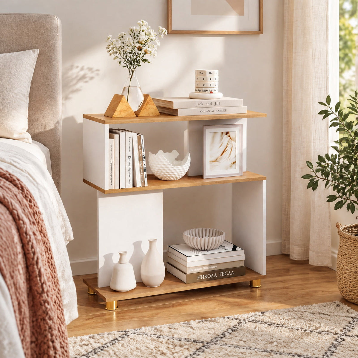 Airfind 3-Tier Modern S-shaped Bookshelf with Adjustable Feet, 135 lbs Capacity, Engineered Wood Frame, White