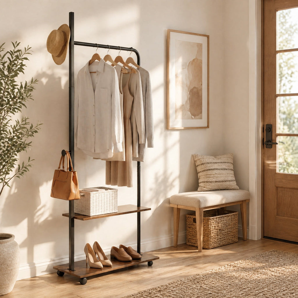 Airfind Freestanding Clothing Rack with Wheels and Storage Shelves for Entryway and Bedroom, 120 lbs Capacity, Engineered Wood Metal Frame, Brown