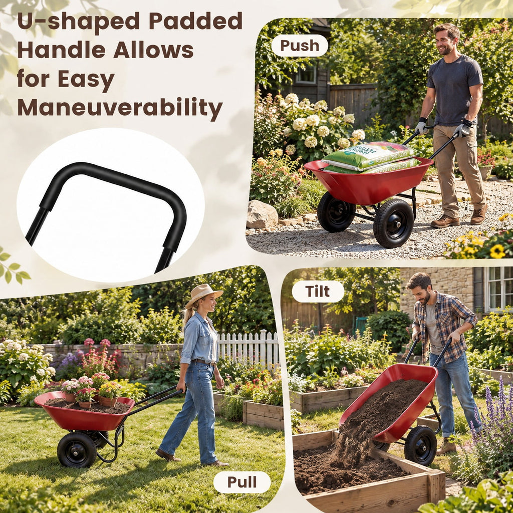 Airfind 2 Tire Heavy-duty Dolly Utility Cart Wheelbarrow Garden Cart, Steel and PP, 54 Inch x25 Inch x26 Inch (L x W x H), Red for Home, Patio and Everyday Use
