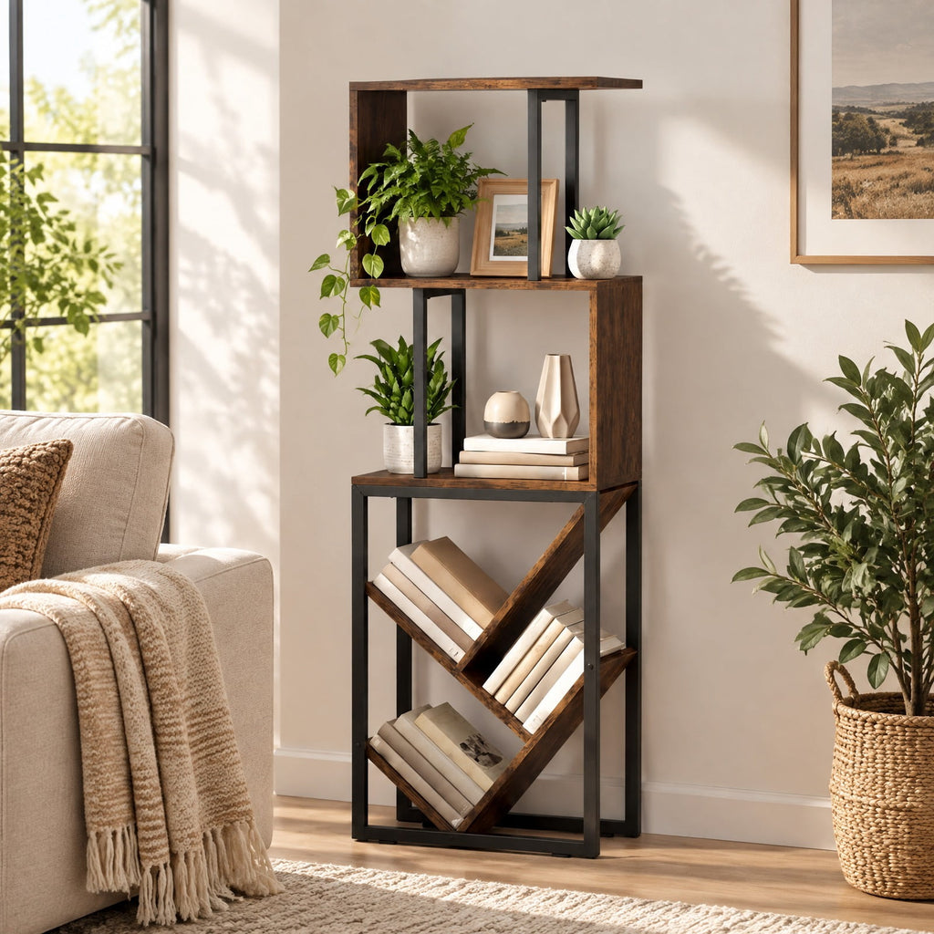 Airfind 6-Tier Bookshelf Floor Standing Tree S-Shaped Geometric Bookcase with Open Shelves, 44 lbs Capacity, Engineered Wood Metal Frame, Brown