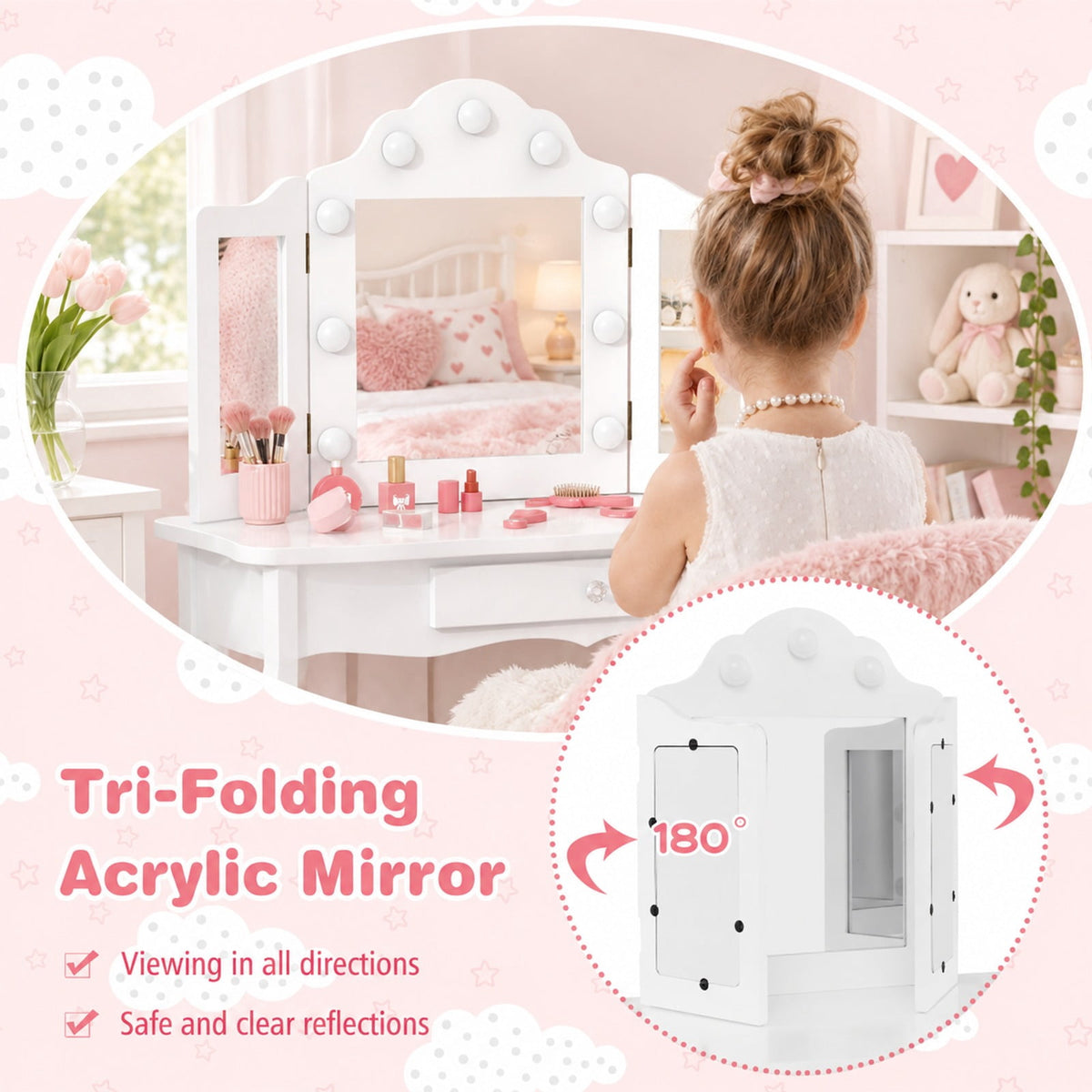 Airfind Kid Vanity Table Stool Set with Tri-Folding Mirror and 3-Color LED Lights, 66 lbs Capacity, P2 MDF Glass Frame, for 3+ Years Old, White
