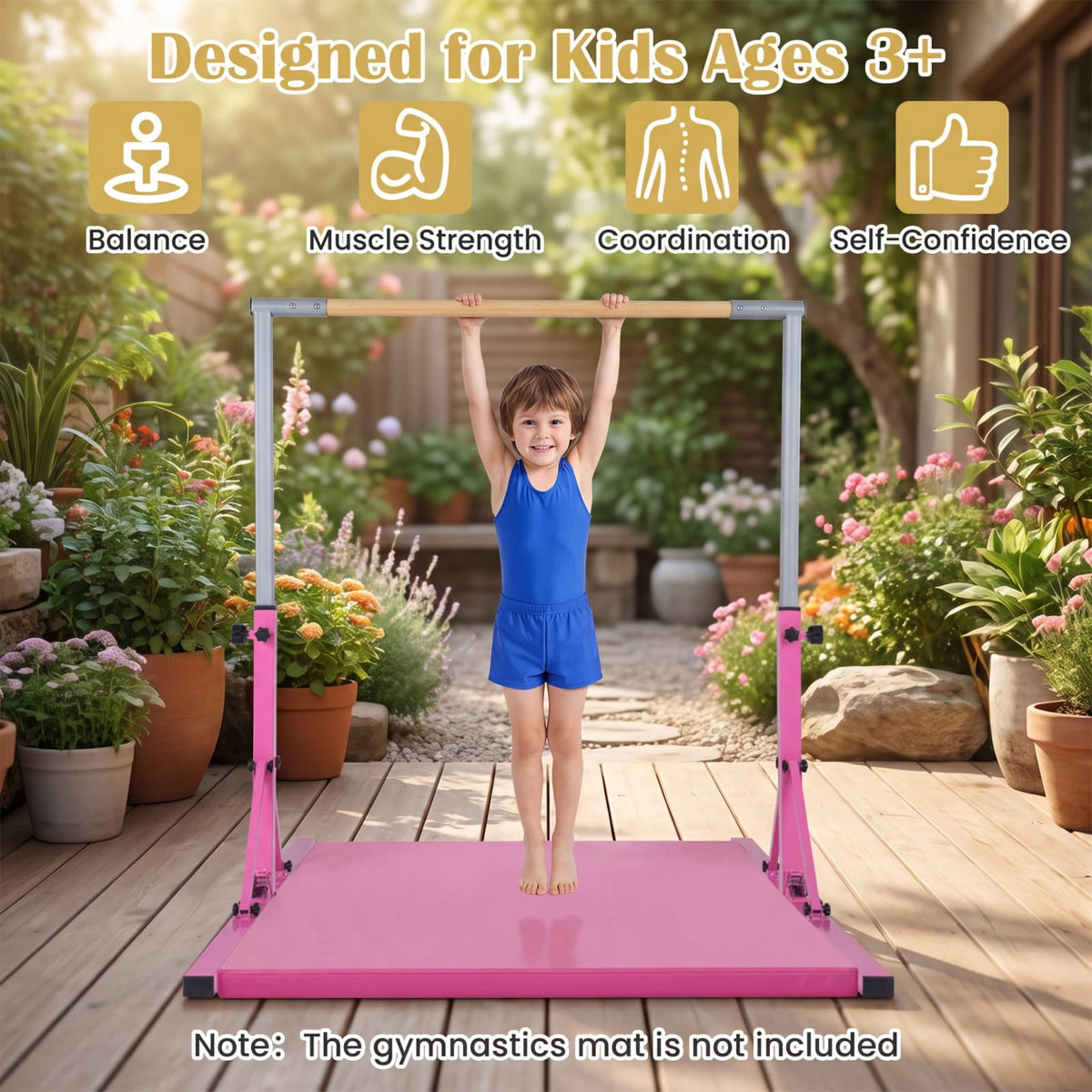 Airfind Foldable Gymnastics Bar for Kids with 3 Level Adjustable Height and Bamboo Grip Bar for Home Balance and Coordination Training, Pink
