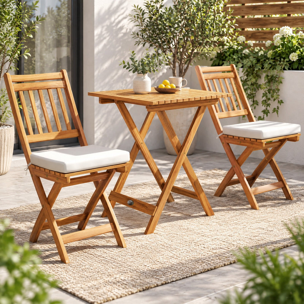 Airfind Outdoor Wood Bistro Set with Soft Seat Cushions and Table, Chair 400 lbs Capacity, Acacia Wood Polyester Sponge Frame, White