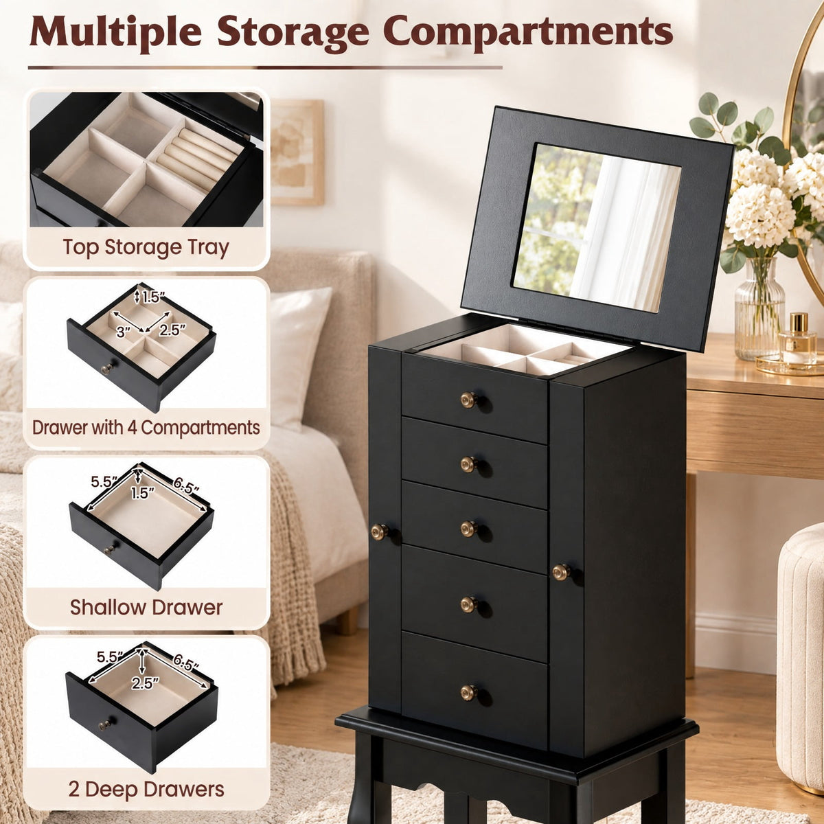 Airfind 2 Colors Armoire Storage Standing Jewelry Cabinet with Mirror, MDF Glass Frame, 12.5 x 8.5 x 34 Footprint, Black
