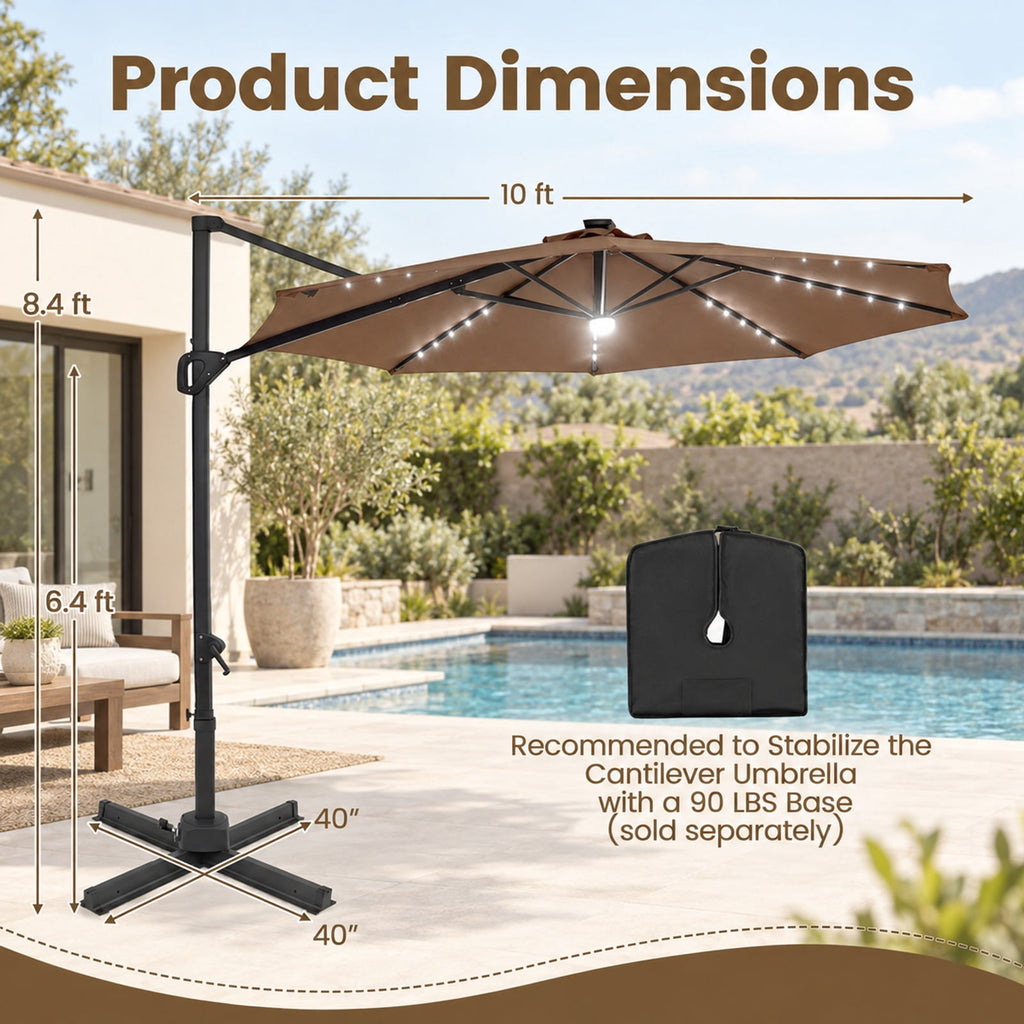 Airfind 10 FT Cantilever Patio Umbrella with Solar LED Lights 360° Rotation, Polyester Fabric Aluminum Metal PC ABS Frame, Brown
