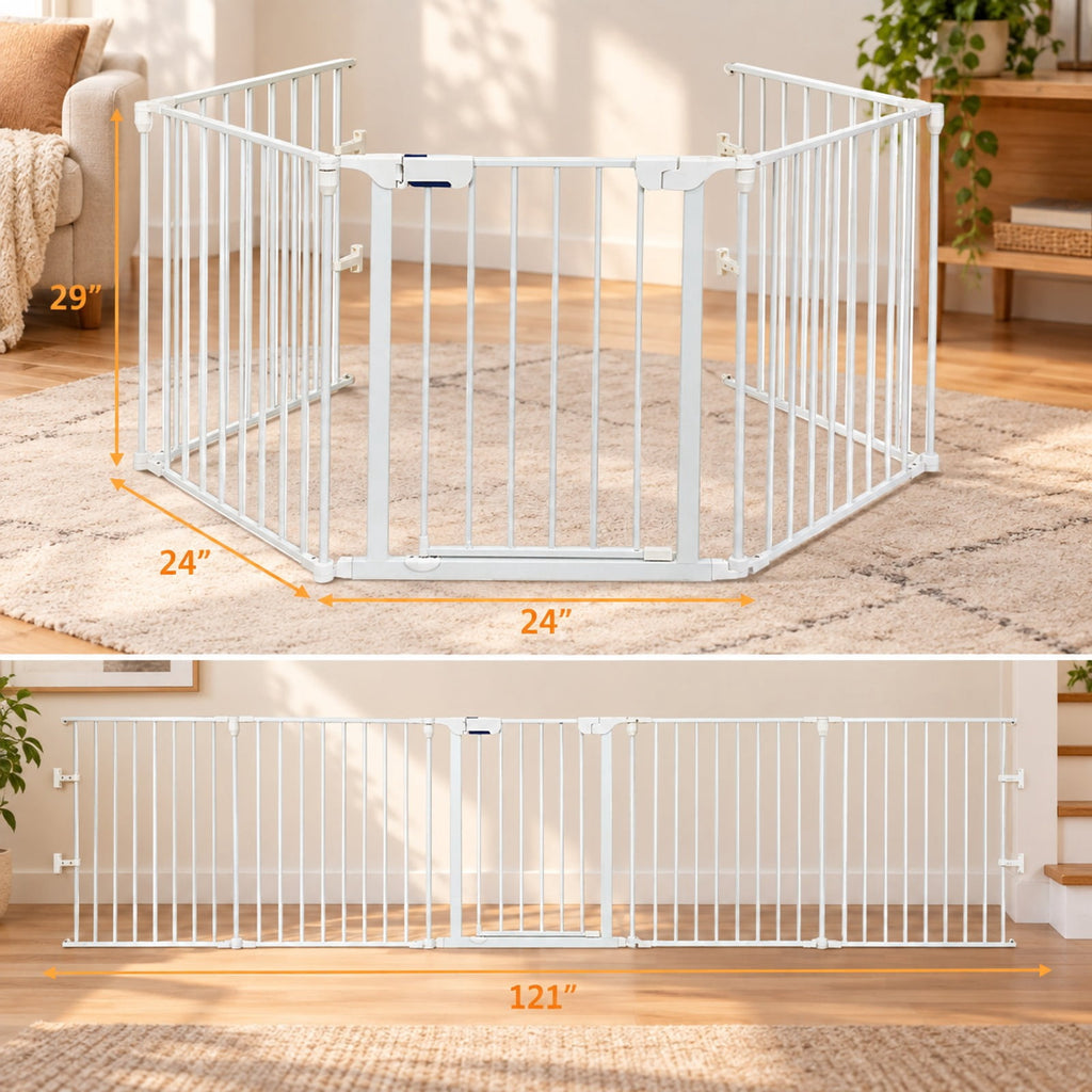 Airfind 115 Inch Length 5 Panel Adjustable Wide Fireplace Fence, Steel Frame, White, Size of each panel 29 x 24 (L x W)