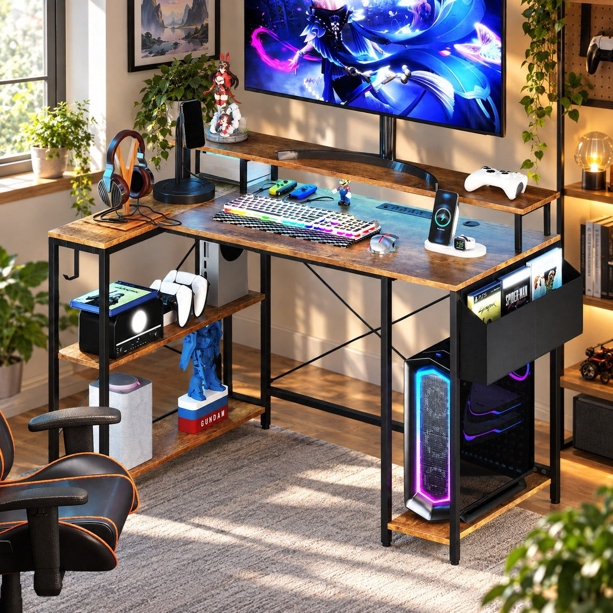Airfind L-Shaped Gaming Desk with LED Lights and Power Outlets, 200 lbs Capacity, Engineered Wood Metal Frame, 48 x 31.5 x 34.5 Footprint, Brown