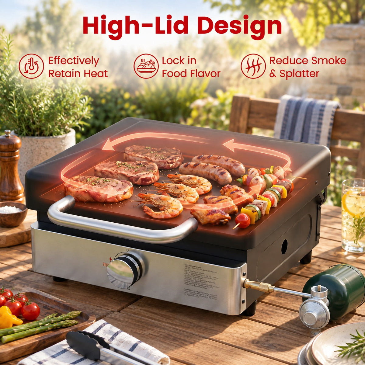 Airfind 1-Burner Portable Gas Griddle featuring Lid Non-stick Ceramic Griddle Plate, Ceramic Metal Stainless Steel Frame, Black