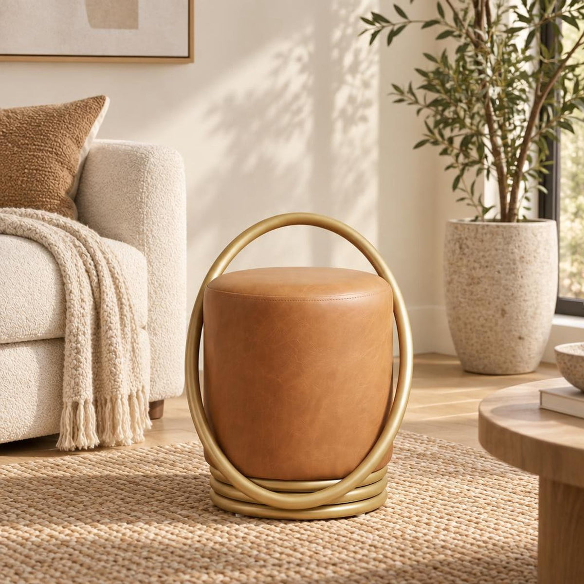 Airfind Vanity Stool, Round, Faux Leather Vanity Chair with Halo Design, 330 lbs Capacity, 17 Inch x 15 Inch x 21 Inch Seat Height 14 Inch Footprint, Brown
