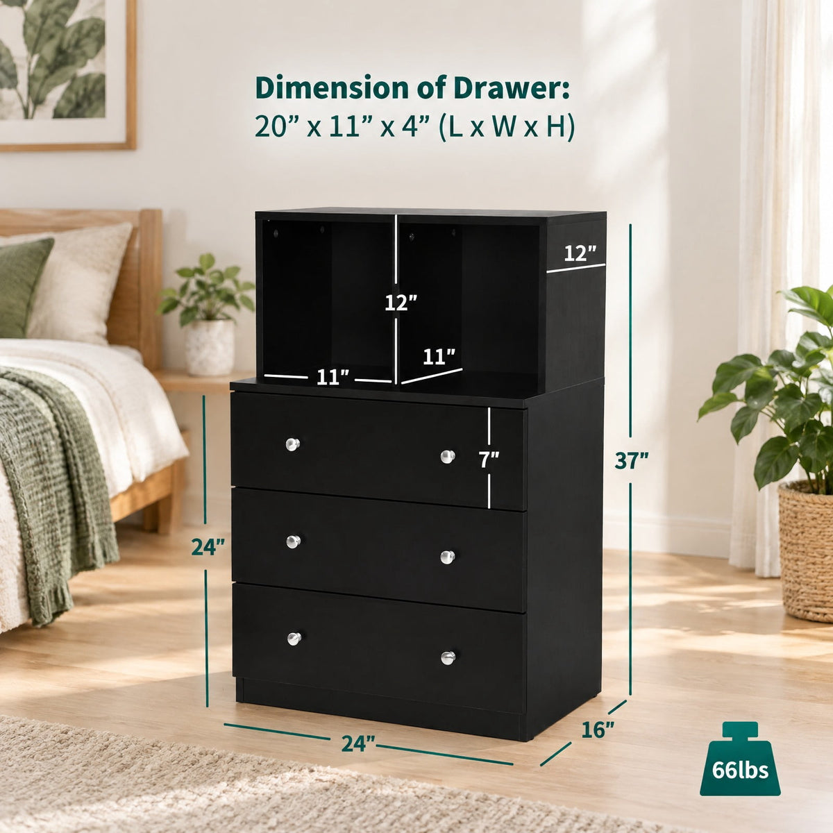 Airfind 3 Drawer Dresser with Cubbies Storage Chest for Bedroom Living Room, Engineered wood metal Frame, 24in x 16in x 37in Footprint, Black