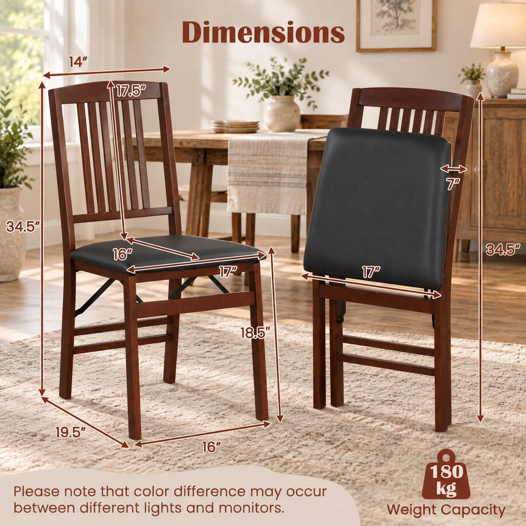 Airfind Set of 2 Foldable Upholstered Kitchen Chairs with Padded Seat, 420 lbs Capacity, Rubbed Wood Plywood PVC Sponge Frame, Brown