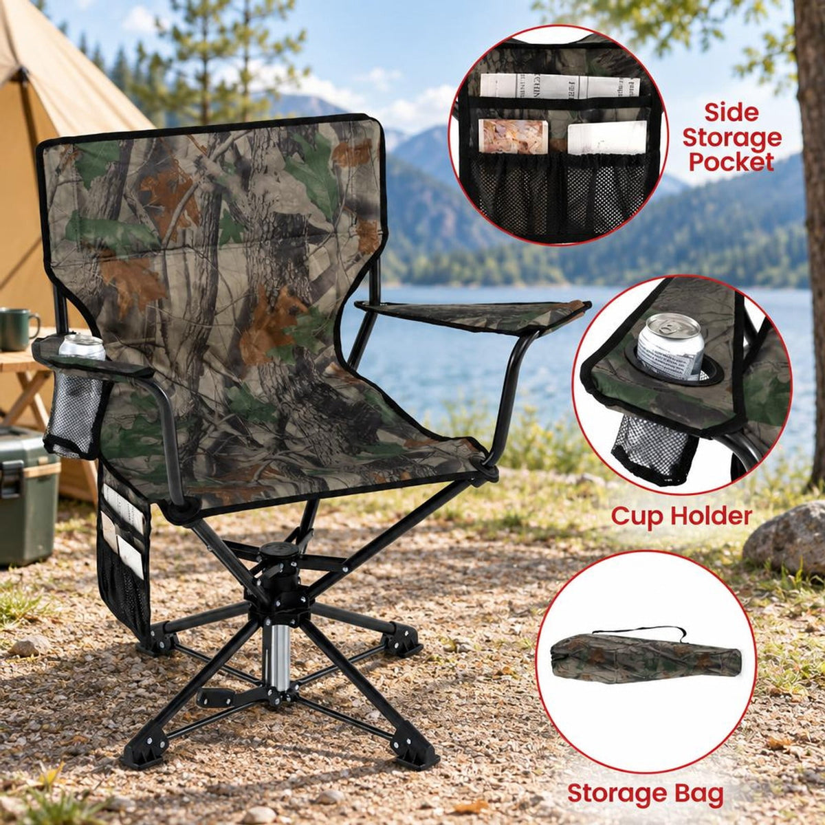 Airfind 360° Swivel Hunting Chair Portable Foldable with Mesh Cup Holder and Storage Pockets, 300 lbs Capacity, 600D Oxford Fabric PE Metal Frame