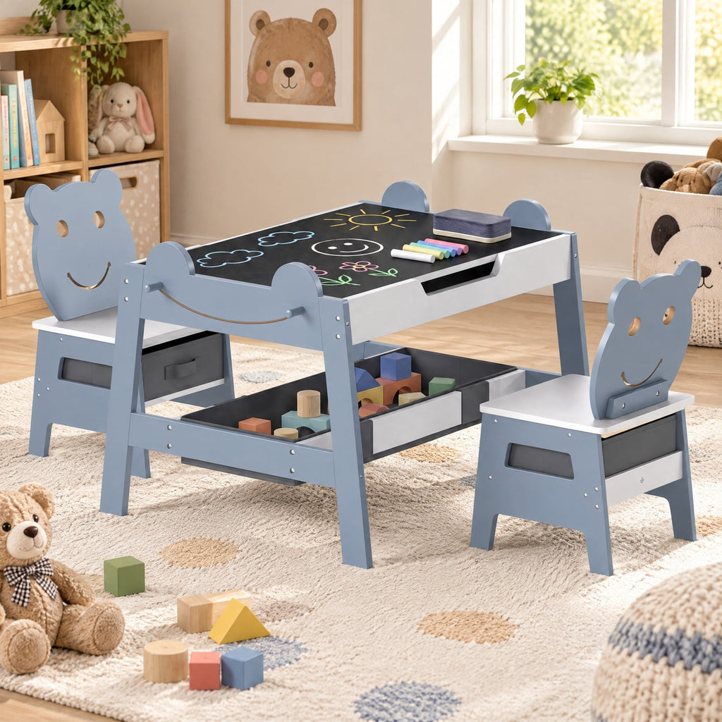 Airfind 5-in-1 Toddler Table and 2 Chairs Cute Art Desk Set with Reversible Chalkboard Whiteboard, 110 lbs Capacity, MDF Non-woven Fabric Frame