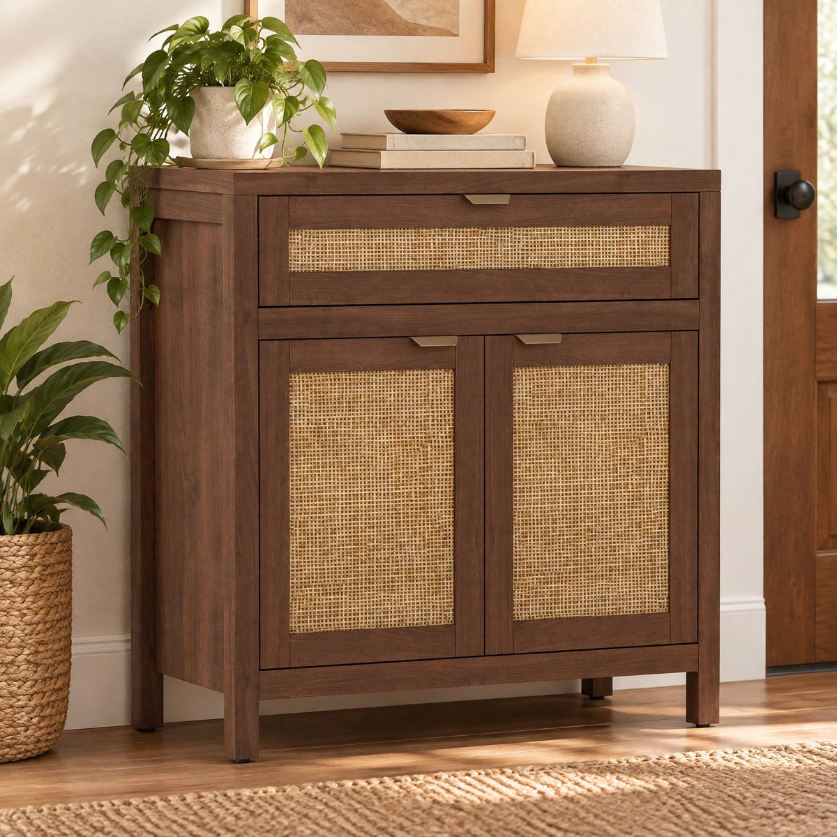 Airfind Sideboard Storage Cabinet with Rattan Doors and Drawer, 155 lbs Capacity, Engineered Wood MDF Rattan Metal Frame, Brown