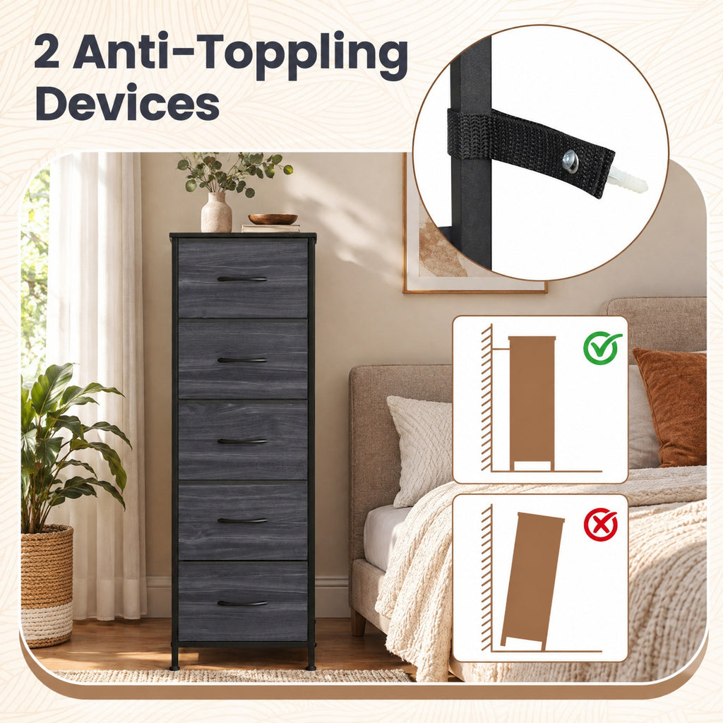 Airfind Dresser Nightstand with 5 Roomy Fabric Drawers for Bedroom, 130 lbs Capacity, Metal Engineered Wood Non-Woven Fabric Frame, Black