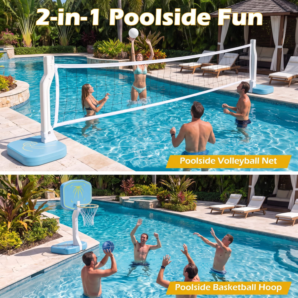 Airfind 2 in 1 Pool Basketball Hoop and Volleyball Net Set with Fillable Base for Swimming Pool Beach and Backyard Water Games, Blue