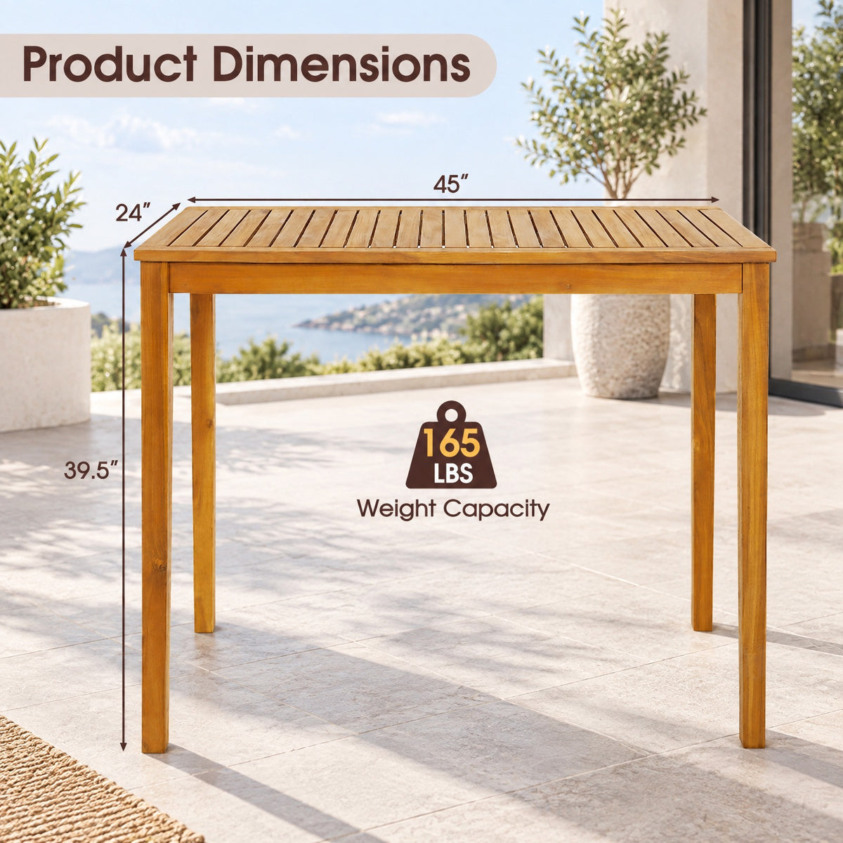 Airfind Rectangular Indoor and Outdoor Bar Height Table for Garden, 45 x 24 x 39.5Weight Footprint, TeakMaterial Acacia WoodOverall