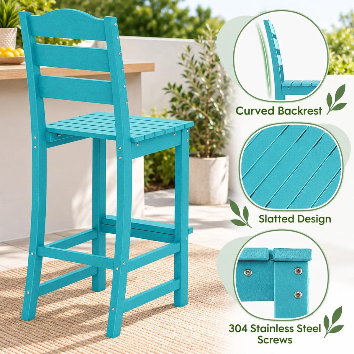 Airfind 30 Inches Counter Height HDPE Bar Stool with Backrest and Footrest, 360 lbs Capacity, HDPE Frame, Turquoise