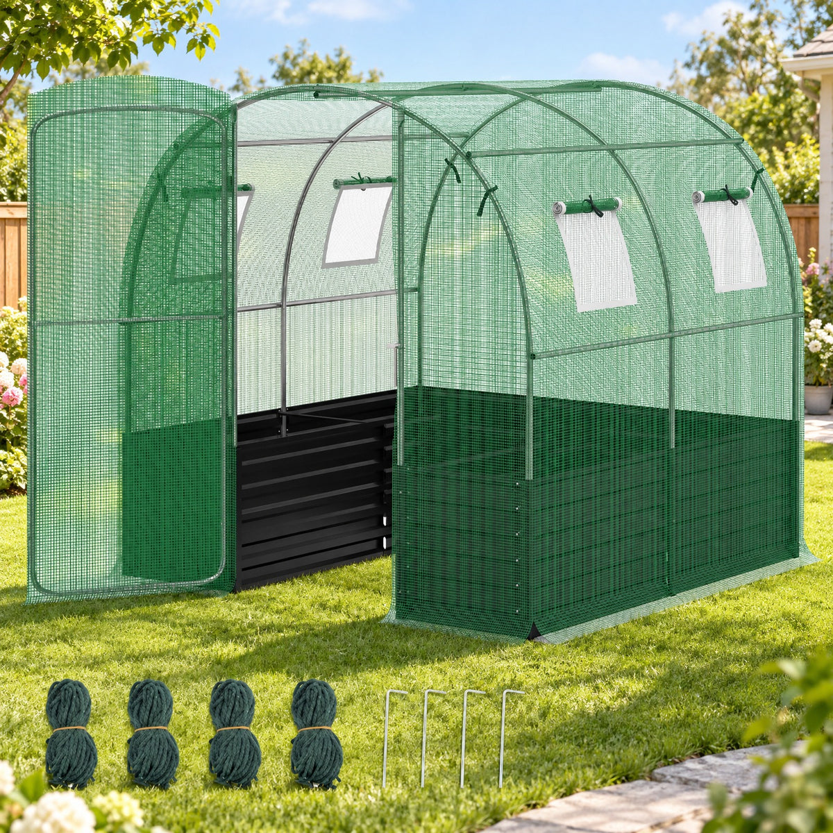 Airfind 80 x 79 x 79 Inches Walk-in Greenhouse with Large Plant Bed, Green, 4 side mesh windows keep small pests away