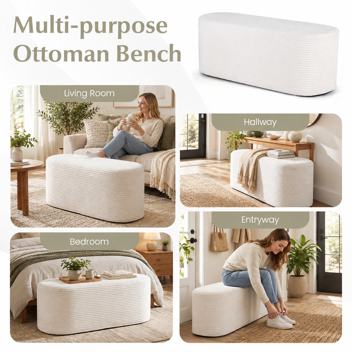 Airfind Upholstered Ottoman Bench with High-Density Sponge, 175 lbs Capacity, Corduroy Polyester Sponge Frame, 47 x 18 x 19 Footprint, Beige