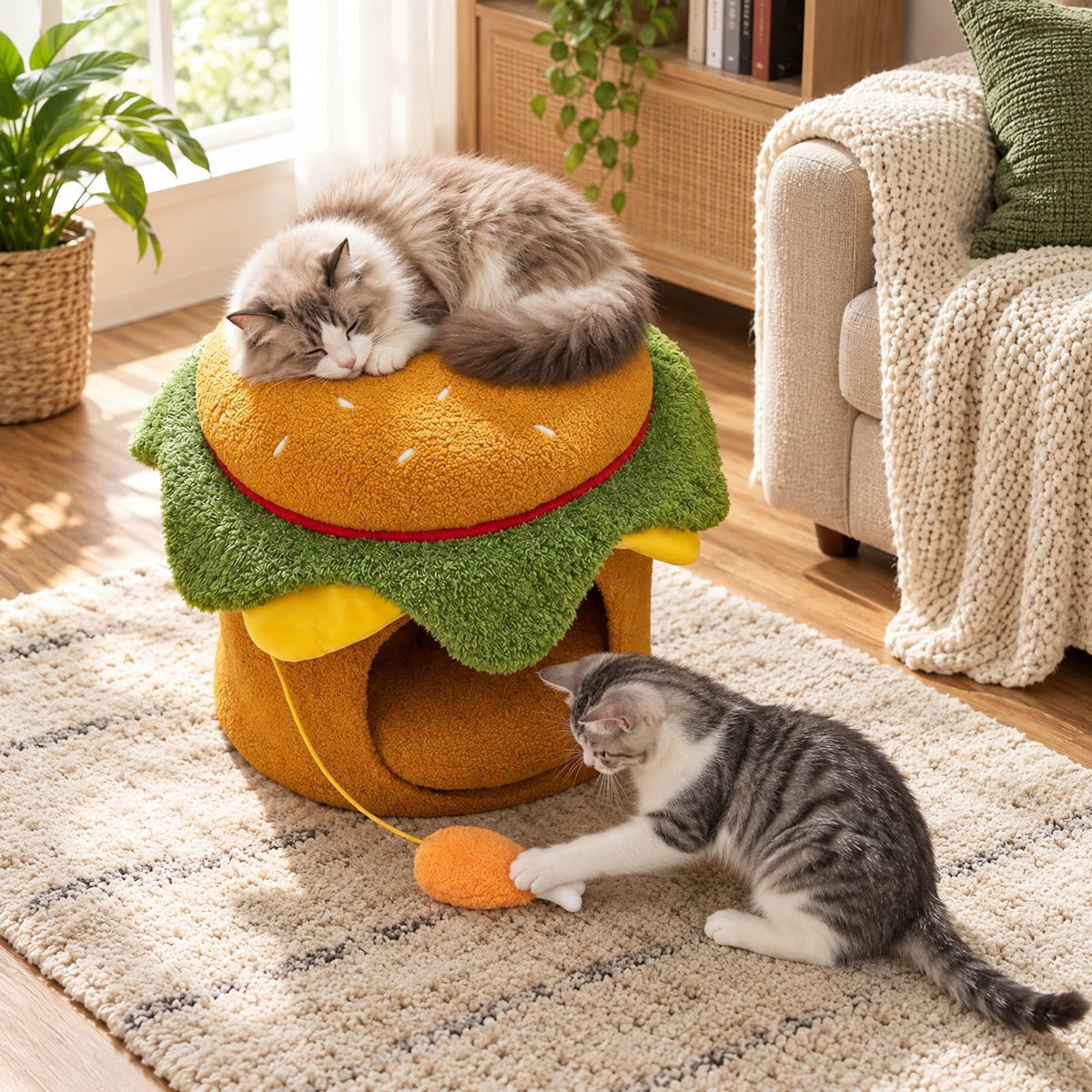 Airfind Hamburger Cat Nest with Chicken Drumstick Toy and Removable Cushion for Indoor Cats, 155 lbs Capacity, Yellow
