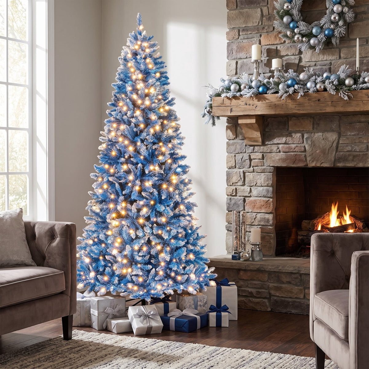 Airfind 6/7/8/9 FT Artificial Christmas Tree with 767 Snowy Branch Tips-7 FT, PVC Metal Frame, 3.1 x 6 ft Footprint, Blue