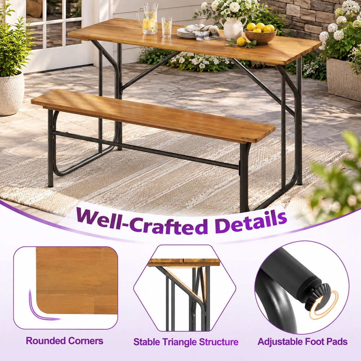 Airfind Acacia Wood Patio Table Bench for 2 People One, 180 lbs Capacity, Acacia Wood Metal Frame, 52 x 32 x 29.5 Footprint, Wood