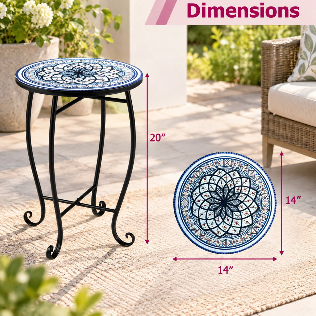 Airfind 14 Inch Floral Clover/Blooming Lotus/Bright Sunflower Mosaic Patio Accent Coffee End Table, 35 lbs Capacity, Metal Frame, 14 Inch x 20 Inch Footprint