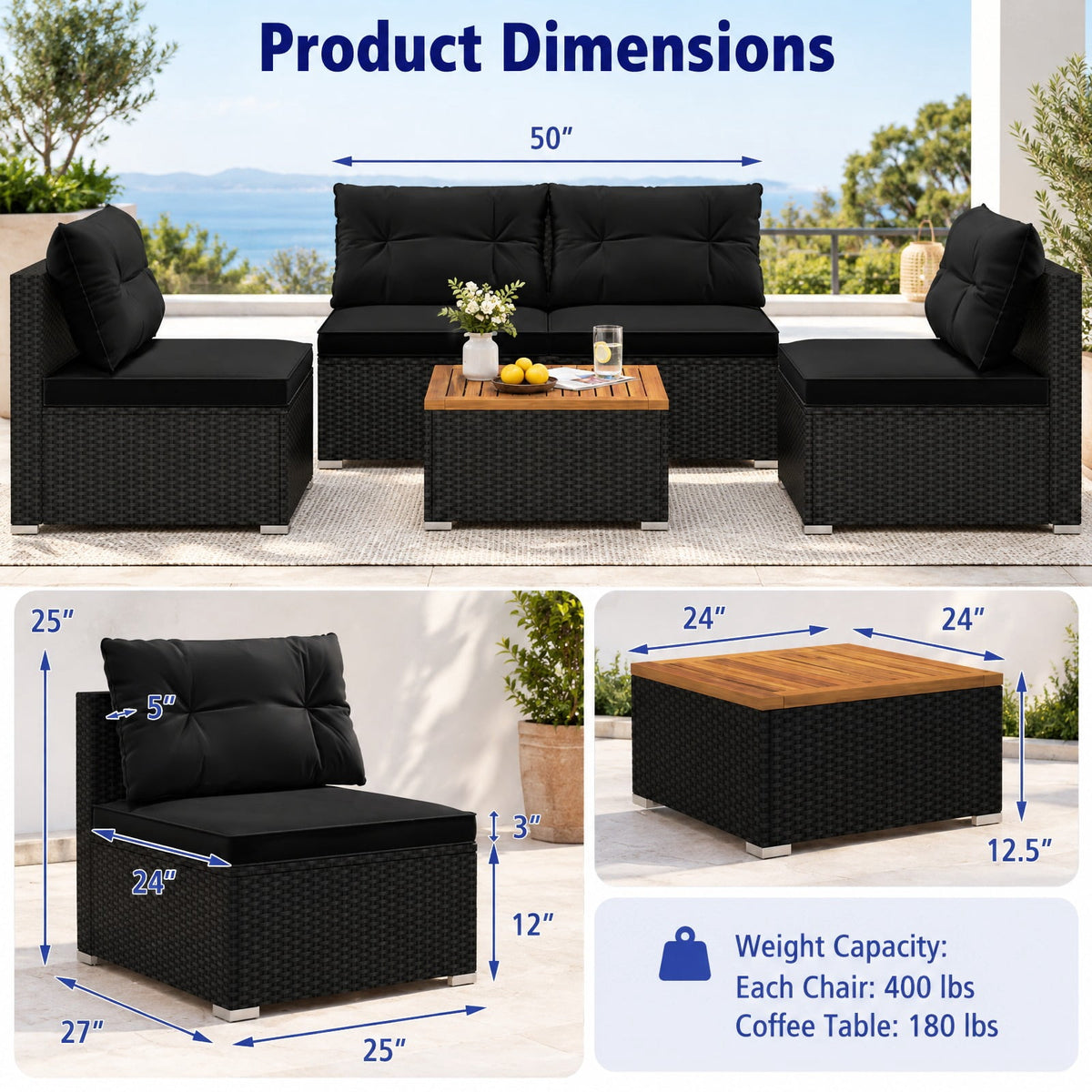 Airfind 5 Piece Outdoor Furniture Set with Solid Tabletop and Soft Cushions, Chair 400 lbs Capacity, 27 x 25 x 25 Footprint, Black