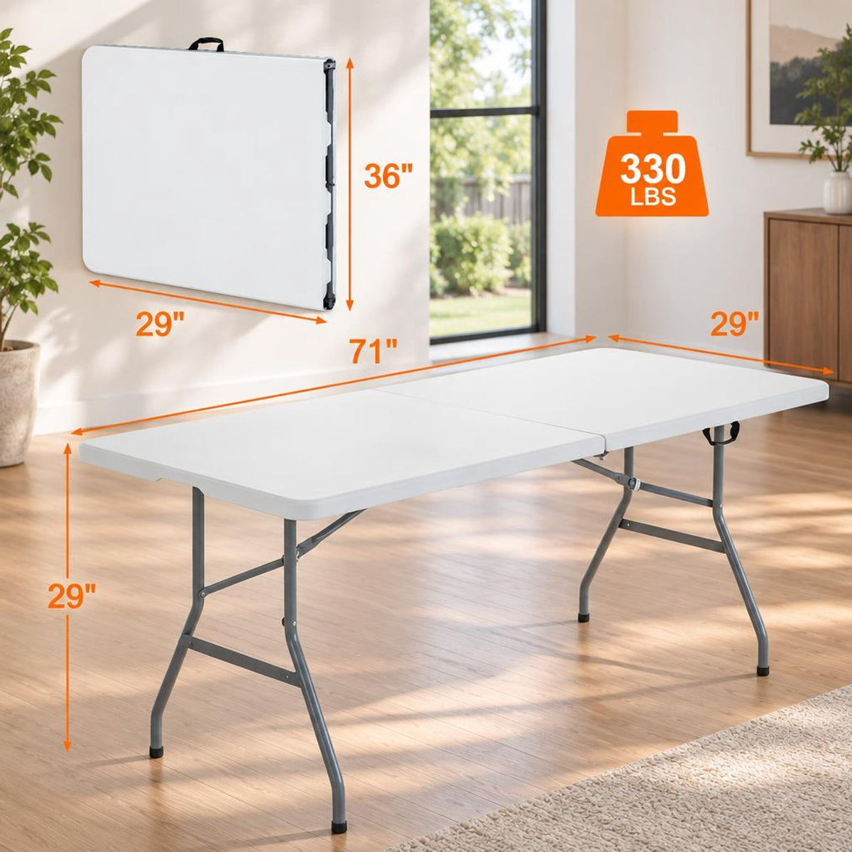 Airfind Portable Folding Camping Table with Carrying Handle for Picnic, 330 lbs Capacity, HDPE Steel Expanded Frame, 71 x 29 x 29 Footprint
