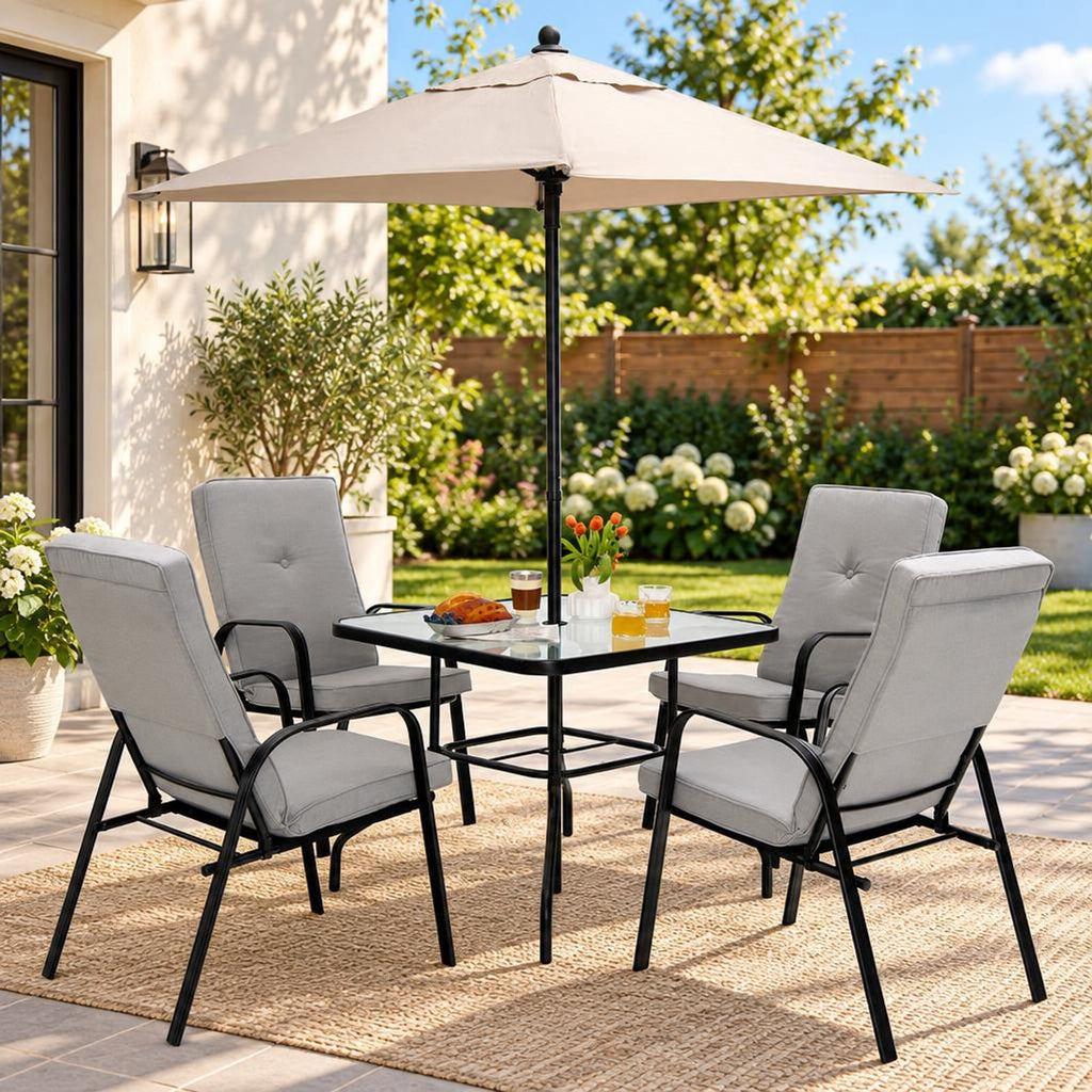 Airfind 35 Inch Patio Dining Square Tempered Glass Table with Umbrella Hole, 200 lbs Capacity, Steel tempered glass Frame, Black